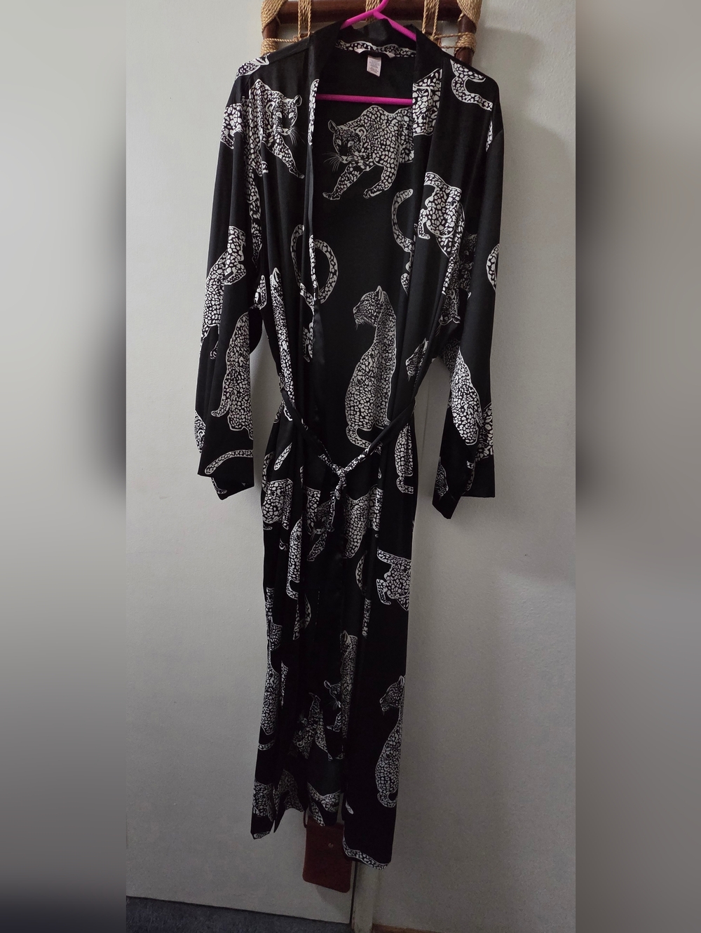 Victoria's Secret Satin Long Robe Black with Leopard Print M/L